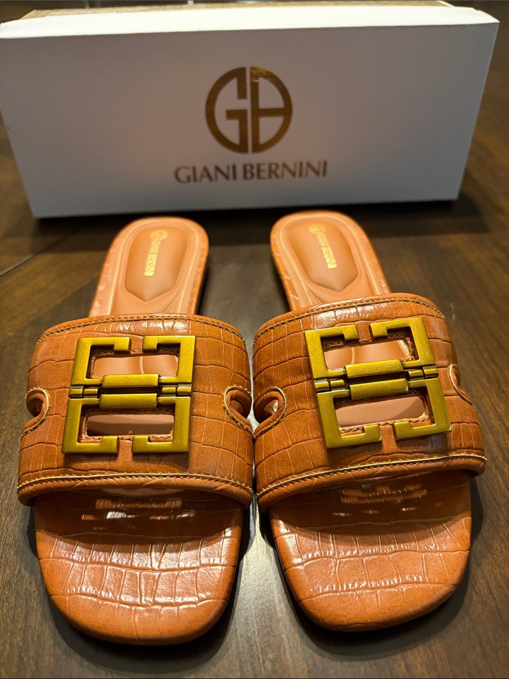 Giani Bernini Cognac Croc-Embossed Slide Sandals with Gold Buckle